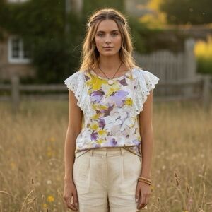 Lauren Conrad L ruffle eyelet lace floral cap sleeve blouse cottagecore floral